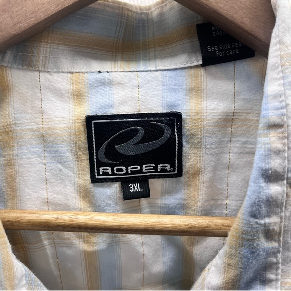 Roper Western Cowboy Button Down Shirt Mens 3XL Tan Blue Plaid Shimmer 2744 - Picture 3 of 8